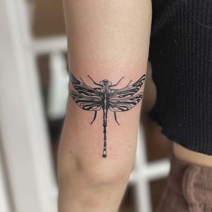 Elegant and detailed blackwork dragonfly tattoo by the talented artist Kaśka, blending fine line and illustrative styles.