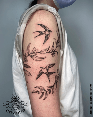 Blackwork Swallows & Vines Tattoo by Kirstie at KTREW Tattoo - Birmingham UK #armtattoo #upperarmtatto #swallowtattoo #vinetattoo #blackworktattoo
