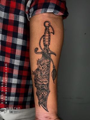 Knife TattoosFoo Dog And Dagger Tattoo Chinese Guardian Lion Tattoos by Macho tattoos https://machotattoo.com/