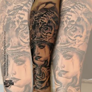 Girl with Tiger Headdress Tattoo Sleeve   done at #Machotattoos