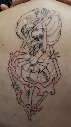 Line work of Sailor Mars back tattoo