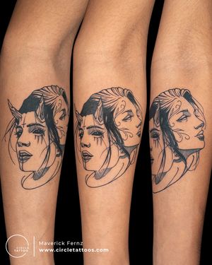 Angel and Devil Face Tattoo done by Maverick Fernz at Circle Tattoo Studio