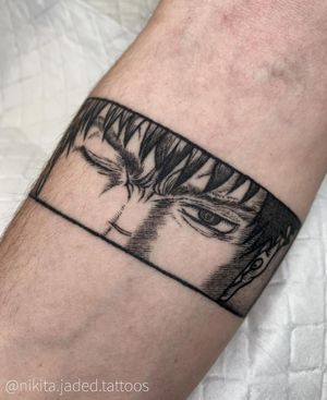 Bold blackwork forearm tattoo of a man, expertly done by Nikita Jade Morgan. Stand out with this unique illustrative piece!