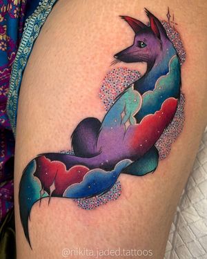 Bold and colorful new school style fox tattoo on upper leg by talented artist Nikita Jade Morgan.