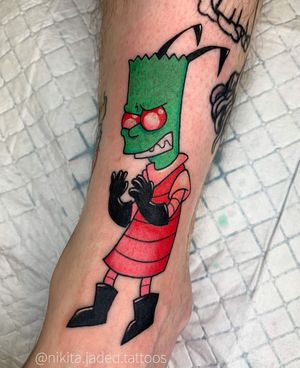 Get inked with a quirky new_school illustration featuring a zombified Bart Simpson by talented artist Nikita Jade Morgan.
