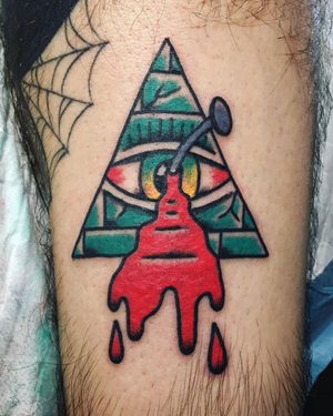 Captivating illustrative design by Phil Botha featuring an eye, triangle, nail, and blood. Perfect for upper arm placement.
