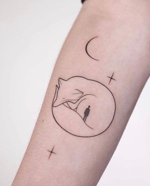 Unique blackwork and fine line tattoo featuring an illustrative fox and man design by Dawid Szubert.