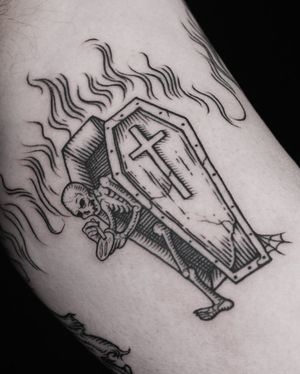 Embrace the dark side with this bold blackwork tattoo featuring a skull, cross, coffin, skeleton, and symbolic drug elements.