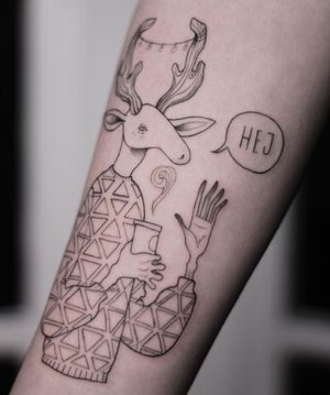 A unique blackwork tattoo featuring a deer, coffee cup, and intricate patterns, all done in fine line illustrative style by Lena Dabska.