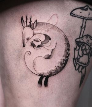 Illustrative blackwork tattoo of a fox with a coffee cup and tea cup, by Lena Dabska.