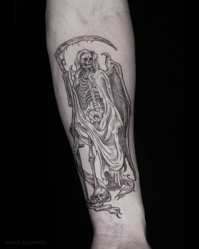 Express your dark side with a stunning blackwork and fine line illustrative tattoo featuring a skull, grim reaper, skeleton, scythe, and wings on your forearm.