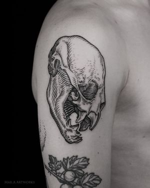Elegant blackwork design by Mara, featuring a detailed skull motif for a bold and artistic look.