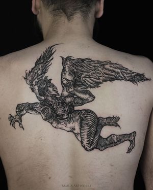 Get a striking devil wings tattoo on your upper back in blackwork style by Mara. A bold and unique design for a statement piece.