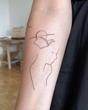 Fine line forearm tattoo featuring a moon, planet, woman, and book in an illustrative style by Dawid Szubert.
