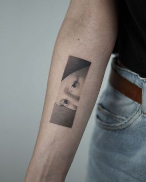 Beautiful black and gray illustrative tattoo of a woman by Dawid Szubert for the forearm.