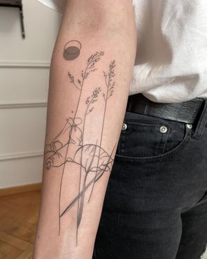 Elegant fine line tattoo of a moon, flower, and woman, beautifully illustrated by Dawid Szubert.