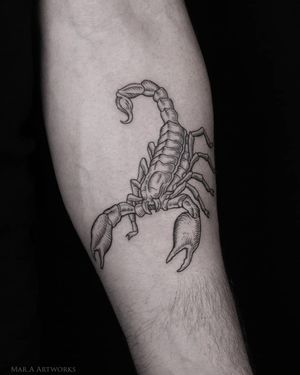 Get inked with a stunning blackwork scorpion by Mara, perfect for your forearm. Stand out with this bold and edgy design!