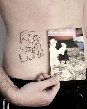 Unique and delicate illustrative tattoo of a dog and a kid on the ribs by artist Martyna Śliwka