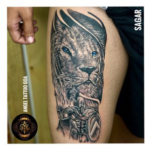 Lion With Spartan Tattoo By Sagar Dharoliya At Angel Tattoo Goa - Best Tattoo Artist in Goa - Best Tattoo Studio In Goa