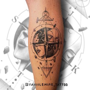 Discover the world with this intricate blackwork compass and pattern design by the talented artist Yann.