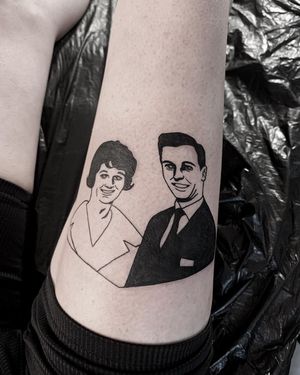 Get a unique tattoo of a woman and man in suits, beautifully crafted in fine line style by Lars on your upper leg.
