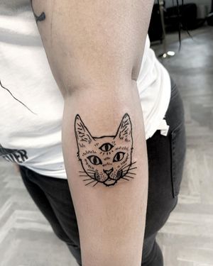 Lars' expertly crafted cat tattoo on forearm combines bold black lines and intricate details for a striking piece of art.