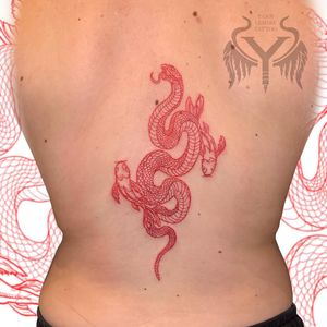Get a stunning illustrative dragon tattoo on your back by Yann, showcasing intricate details and bold lines.