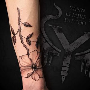 Get a stunning illustrative blackwork flower tattoo by Yann on your forearm for a bold and beautiful look.