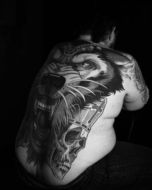 Dark Wolf back tattoo.  By Alex Wigley at Electric Uprising in Squamish, BC.