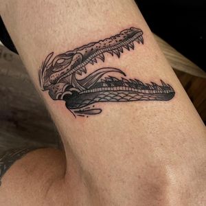 Unique forearm tattoo of an alligator in fine line style, by artist Yura.