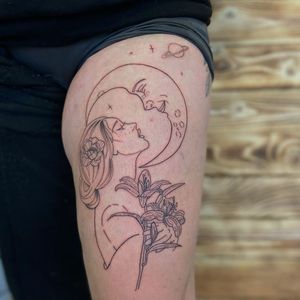 Beautiful fine-line illustration of a moon, planet, flower, and woman on the upper leg by Yura.