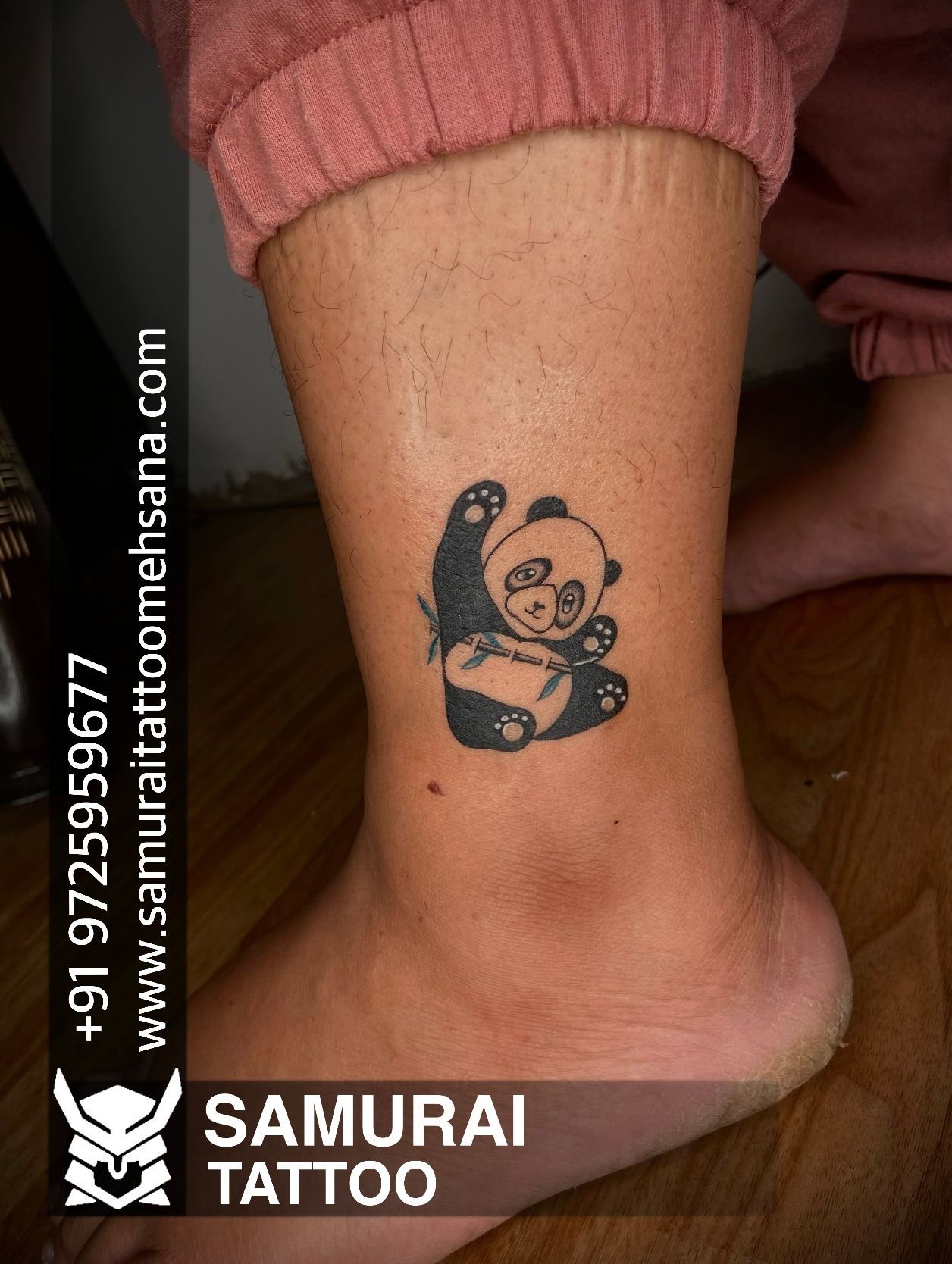 Illustrative panda tattoo on the right side ribcage