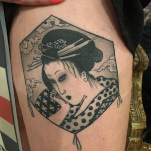 Illustrative design by Ami James featuring a beautiful geisha, woman, and cloud motif on upper leg.