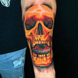 Get a stunning illustrative skull tattoo on your forearm by the talented artist Marcel Oliveira. Perfect for those who want a bold and edgy design.
