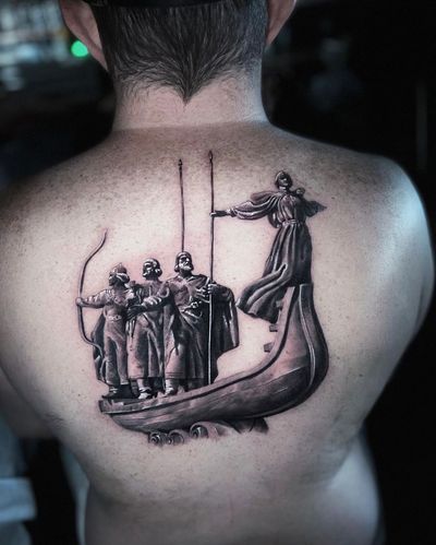 Experience Marcel Oliveira's masterful artistry with this blackwork tattoo featuring arrows, angels, boats, and men.