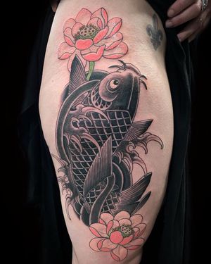 Eddy Ospina's illustrative masterpiece featuring a beautiful koi fish swimming amidst blooming lotus flowers and crashing waves on the upper leg.