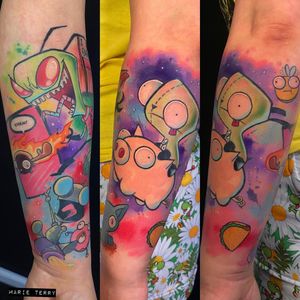 Vibrant new school watercolor pig tattoo on forearm by artist Marie Terry, featuring delicious food motif.