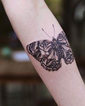 Illustrative blackwork tattoo by Jamie B featuring a beautiful butterfly and moth design on the forearm.
