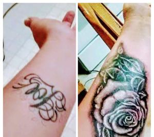 Cover up of a name. All the shops the woman talked to told her she couldn’t use the rose she wanted and it has to be a color piece. She was quoted 2-300. I used her picture w/ little alteration and u can judge 4 ur selves, under 100$ as well