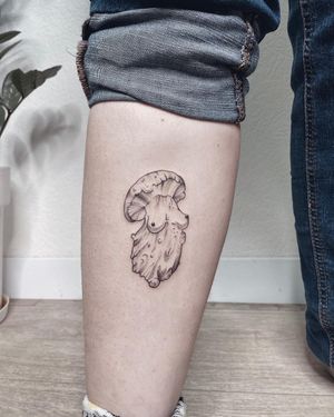 A striking blackwork and illustrative lower leg tattoo featuring a captivating mushroom woman design, expertly crafted by artist Anna.