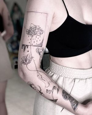 Discover Alisa Hotlib's stunning blackwork and fine line tattoo featuring intricate floral patterns with rain elements on the forearm.