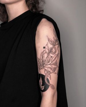 A striking blackwork snake intertwined with flowers and fruit, beautifully illustrated by Alisa Hotlib. Perfect for upper arm placement.