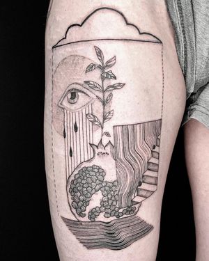 Illustrative upper leg tattoo with pomegranate, stairs, eye, cloud pattern by Alisa Hotlib.