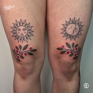 Awesome matching branches on knees, perfect addition to matching sun and moon tatts on thighs (healed) + traditional swallow on second picture! All of them done by our resident @nicole__tattoo! 
Nicole has limited availability in July and taking bookings for September! 
Books/info in our Bio: @southgatetattoo 
•
•
•
#branchestattoo #matchingtattoos #kneetattoo #sunmoon #healingtattoo #swallowtattoo #sgtattoo #southgateink #tattooideas #northlondontattoo #london #londontattoostudio #blackwork #tattoos #northlondon #sg #customtattoo #amazingink #southgate #londontattoo #londontattooartist #bookedontattoodo #londonink #southgatetattoo #skinart