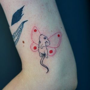 Elegant fine line illustration by Lim featuring a rat with wings, beautifully designed for your arm.
