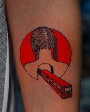 Capture the beauty of a train and a woman in a unique illustrative style, expertly inked by Lim on your forearm.