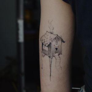 Unique blackwork, fine line, illustrative tattoo by Alisa featuring a heart, house, and smoke motif.