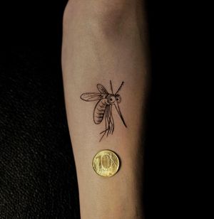Get bitten by Lim's blackwork fine line mosquito tattoo that stands out on your forearm. Embrace the detailed illustrative style.