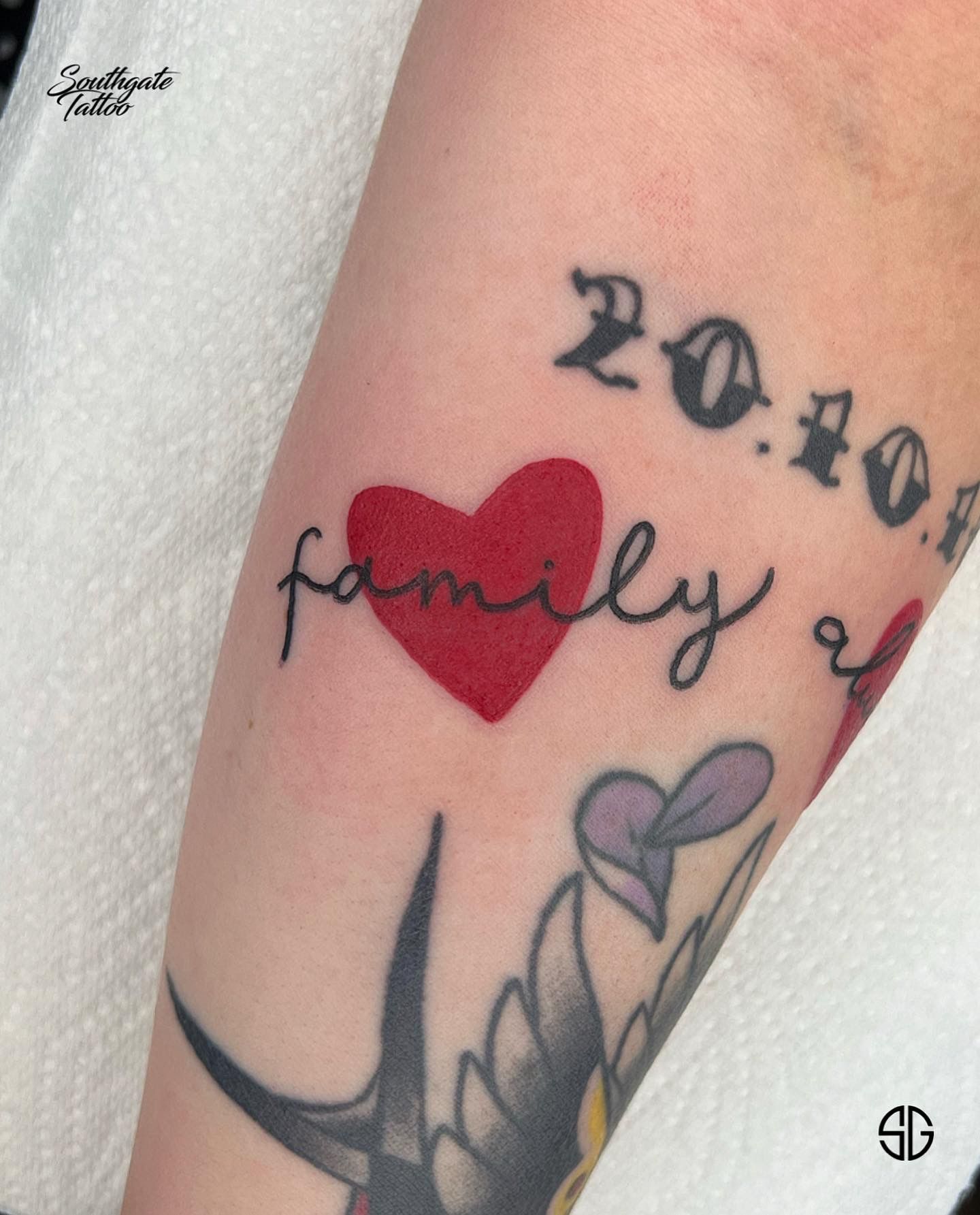 Tiny Red Heart and Family Infinity Tattoo On Back