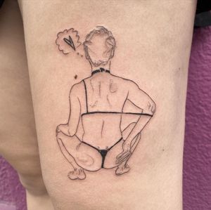 Get a unique fine line tattoo of a heart with a woman and man design on your upper leg by the talented artist Mané.